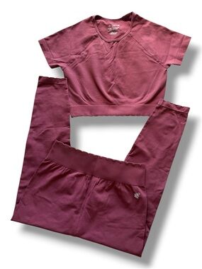 Jed North Scalloped Seamless Top Leggings Set Berry Red Gym High Waist Large